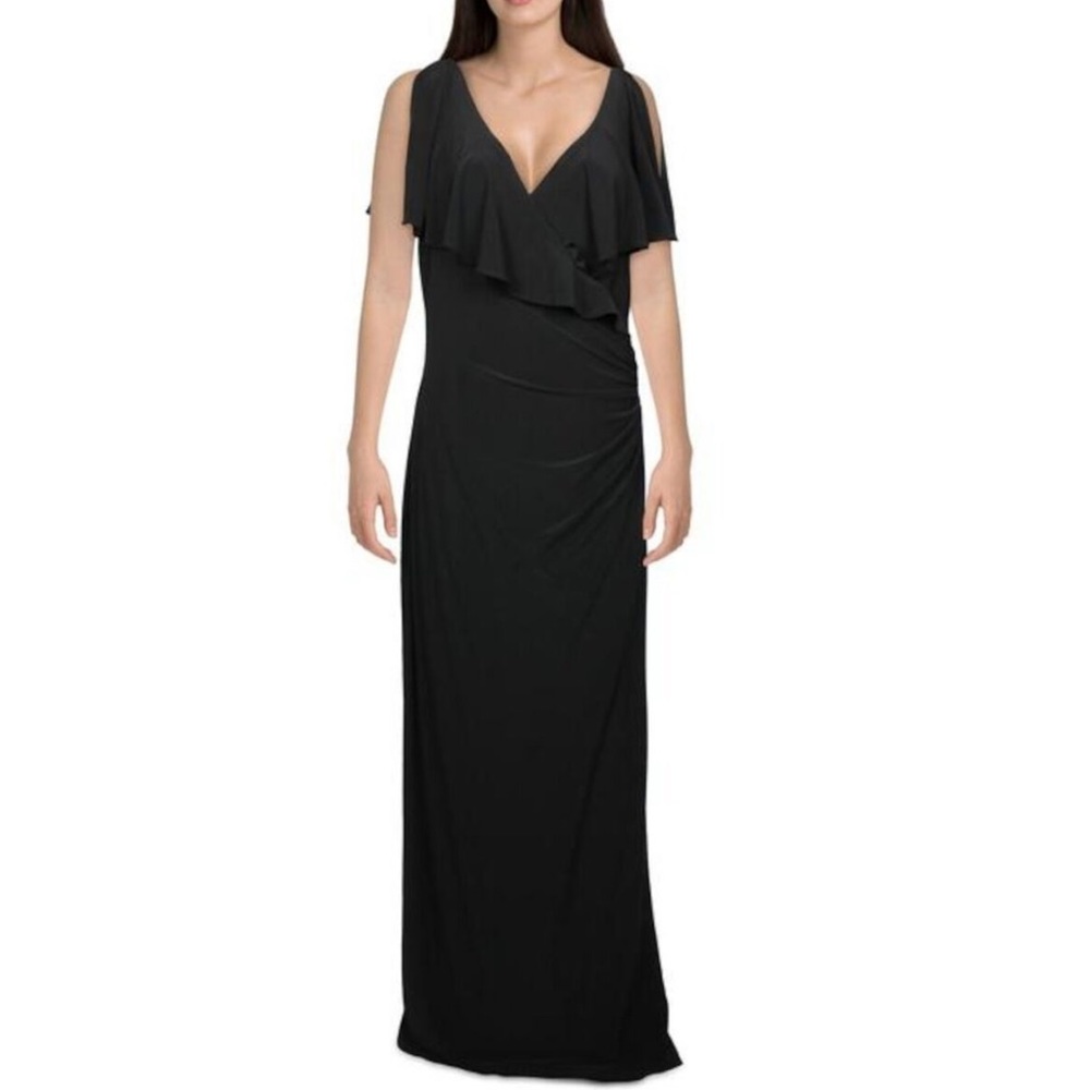 RALPH LAUREN Womens Black Ruffled Zippered V Neck Formal Sheath Dress